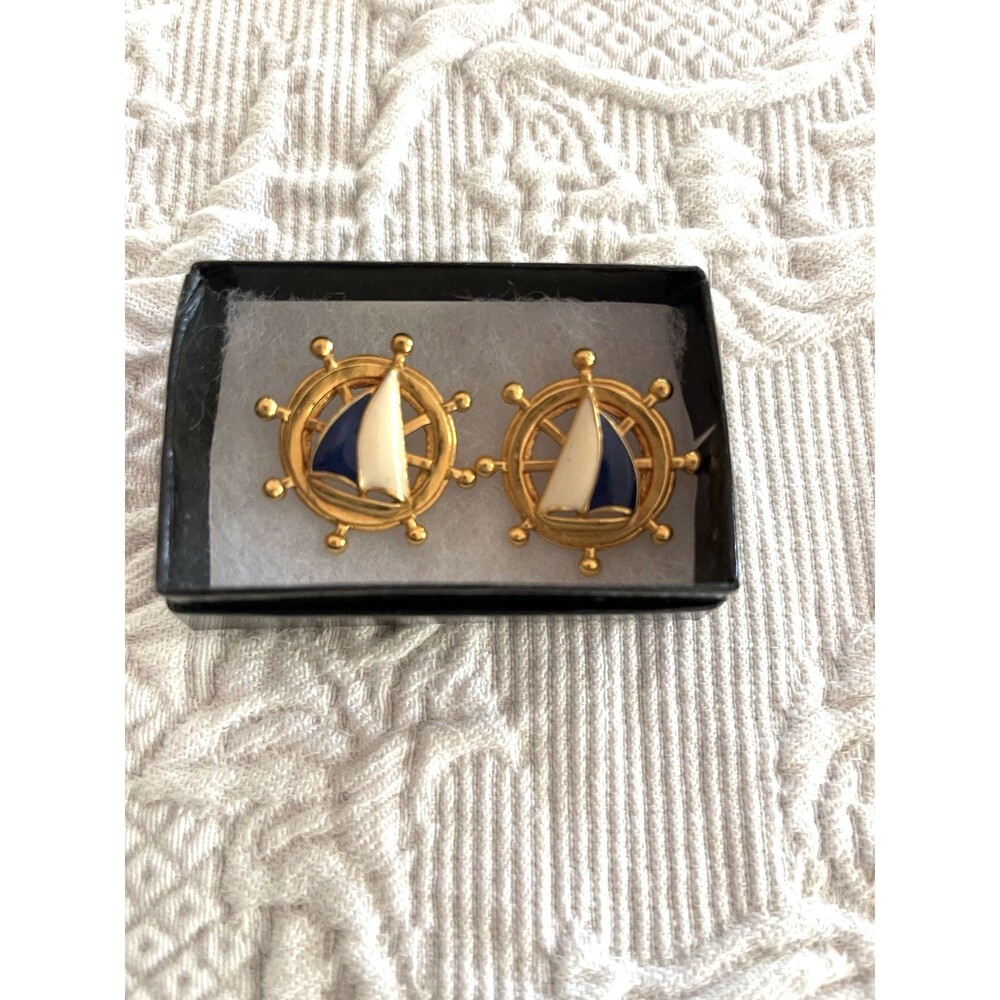 Vintage Avon Nautical Earrings Enamel Sailboat Ships Wheel Pierced Gold Tone